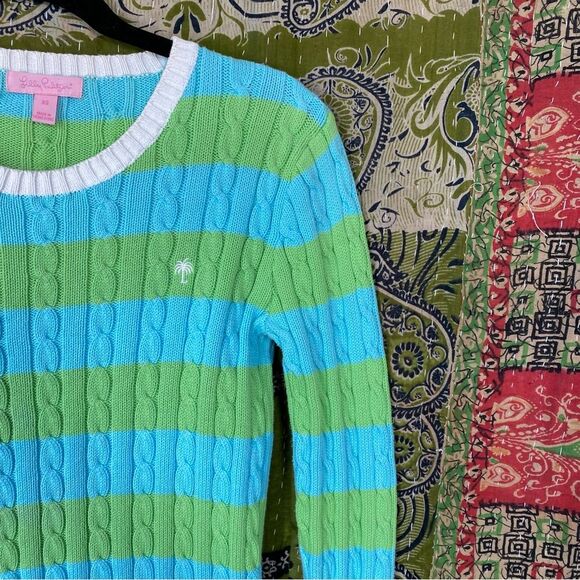 Y2K Lilly Pulitzer Blue/ Green Logo Striped Cable Knit Sweater Size Extra Small - Picture 4 of 16